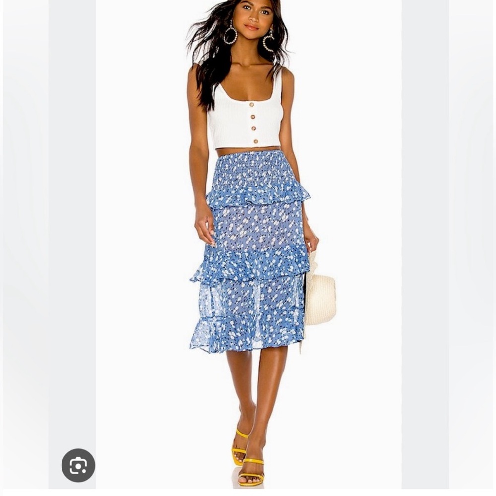 MAJORELLE Blue Floral Ruffle Midi Skirt